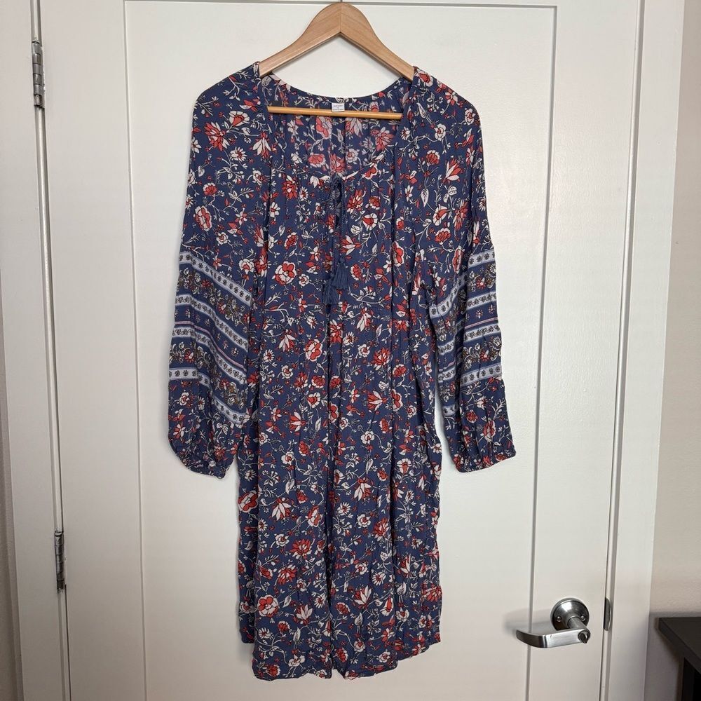 Old Navy Dress Sz XL Blue Floral Long Sleeve Peasant Hippie Cottagecore Boho